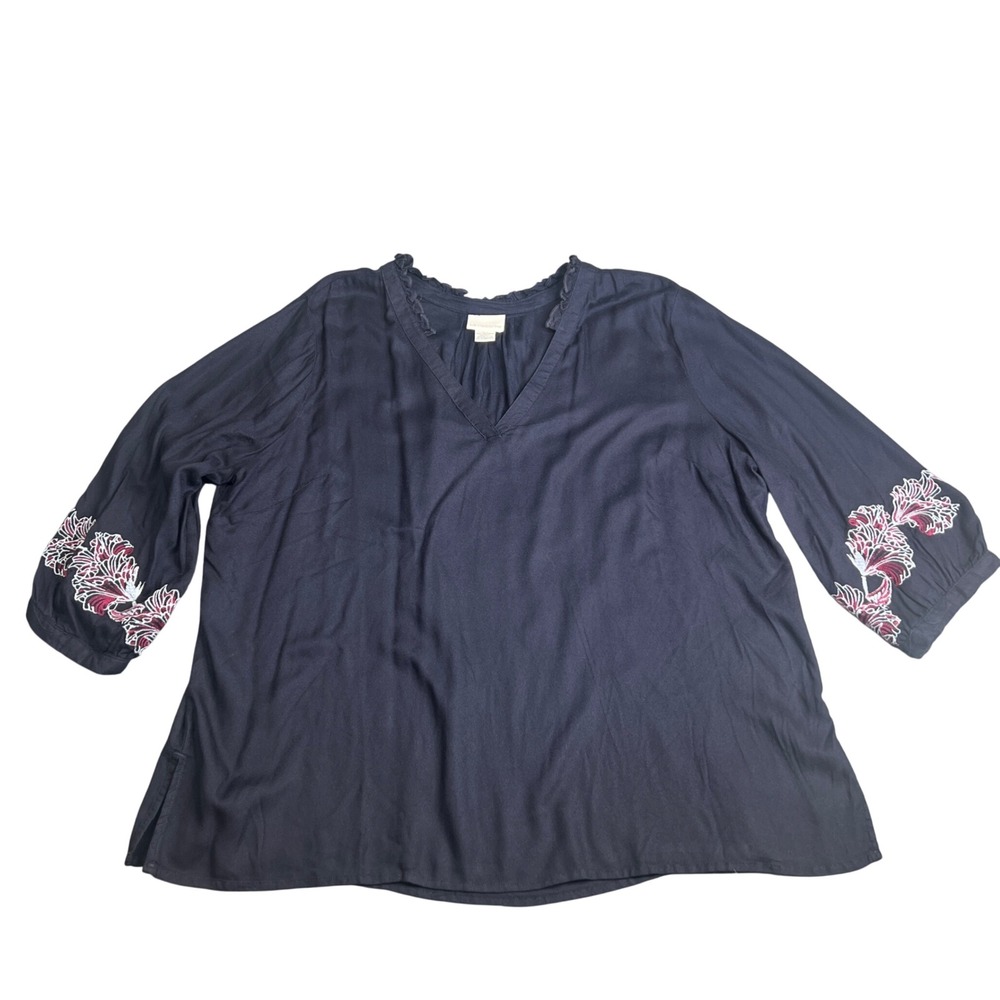 Liz Claiborne Navy Blue Floral Embroidered V-Neck Ruffle Blouse XXL NWT